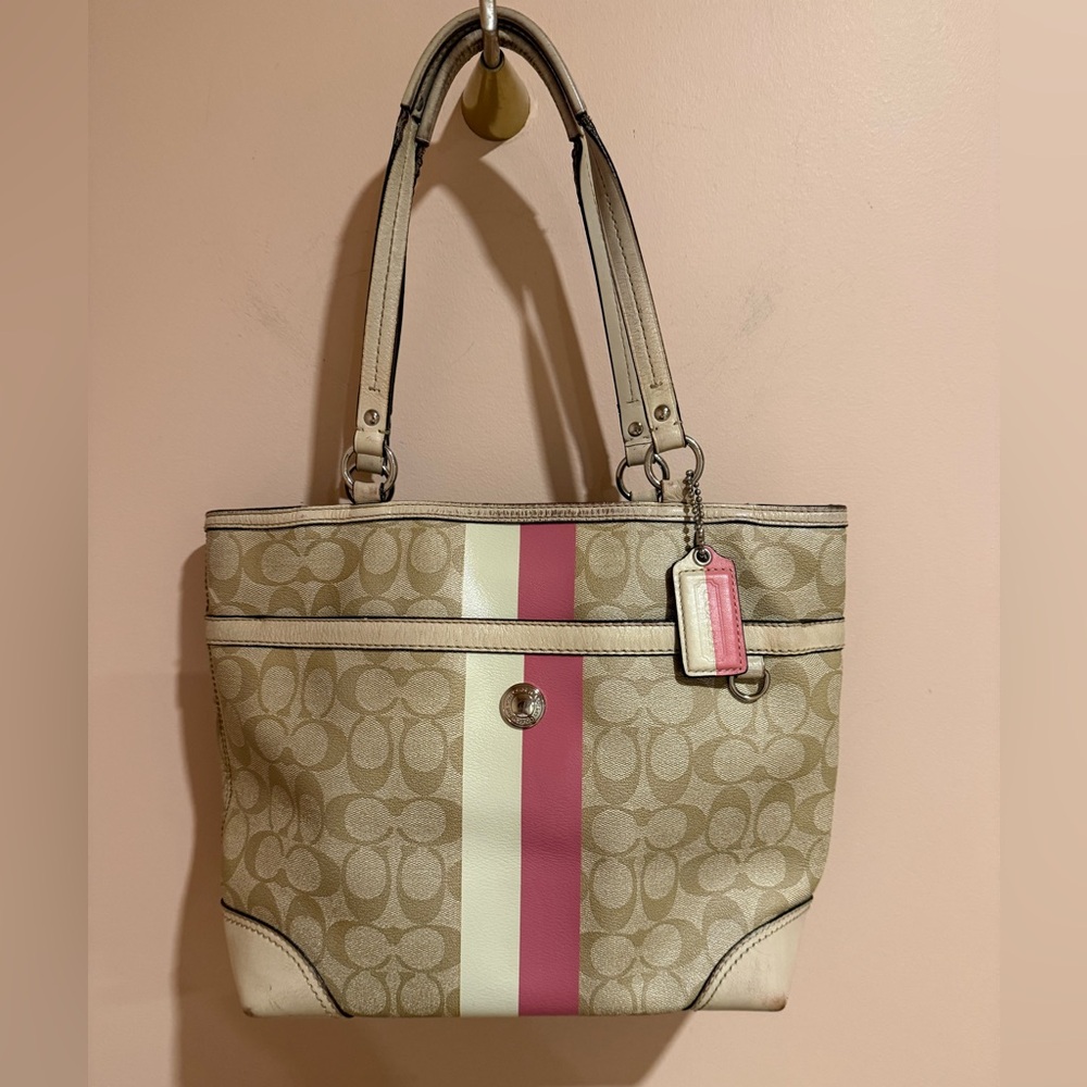 Coach Beige and Pink Stripe Tote